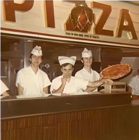 1969 — Nino (right) with his coworkers at Lenny's Pizza on Fulton St, Brooklyn NY